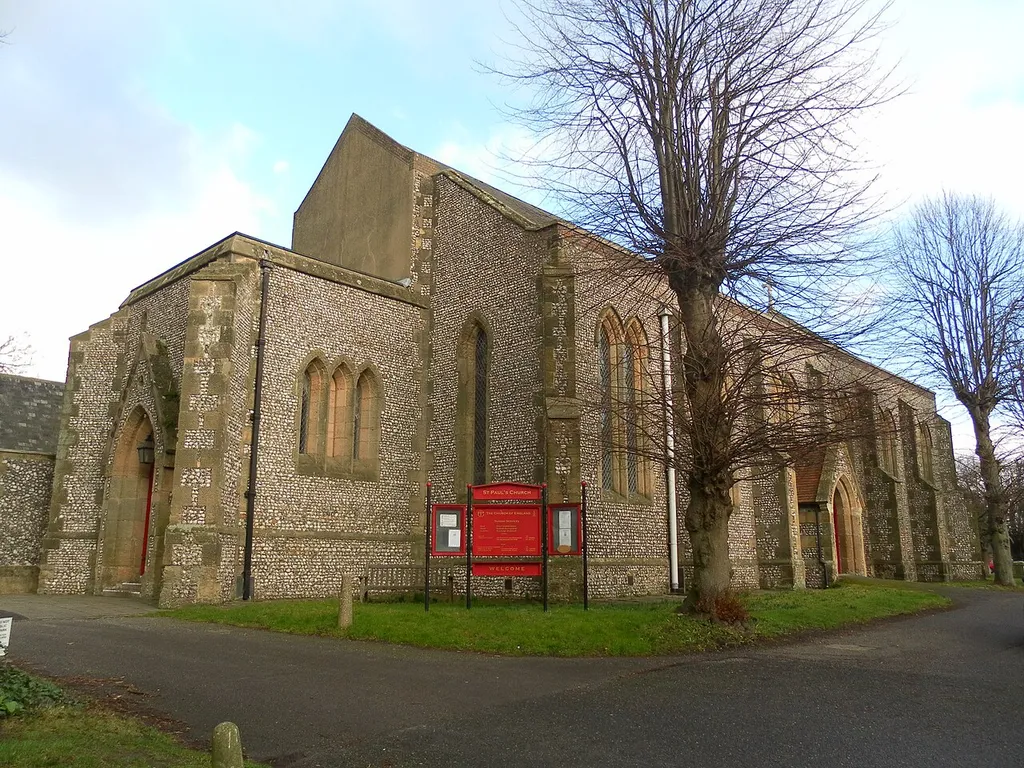 St Paul's parish church, Chichester, West Sussex, built by Joseph Butler in 1836. Seen from the southwest. The west porch is the base of a former tower, which was demolished but for the ground stage in 1951.