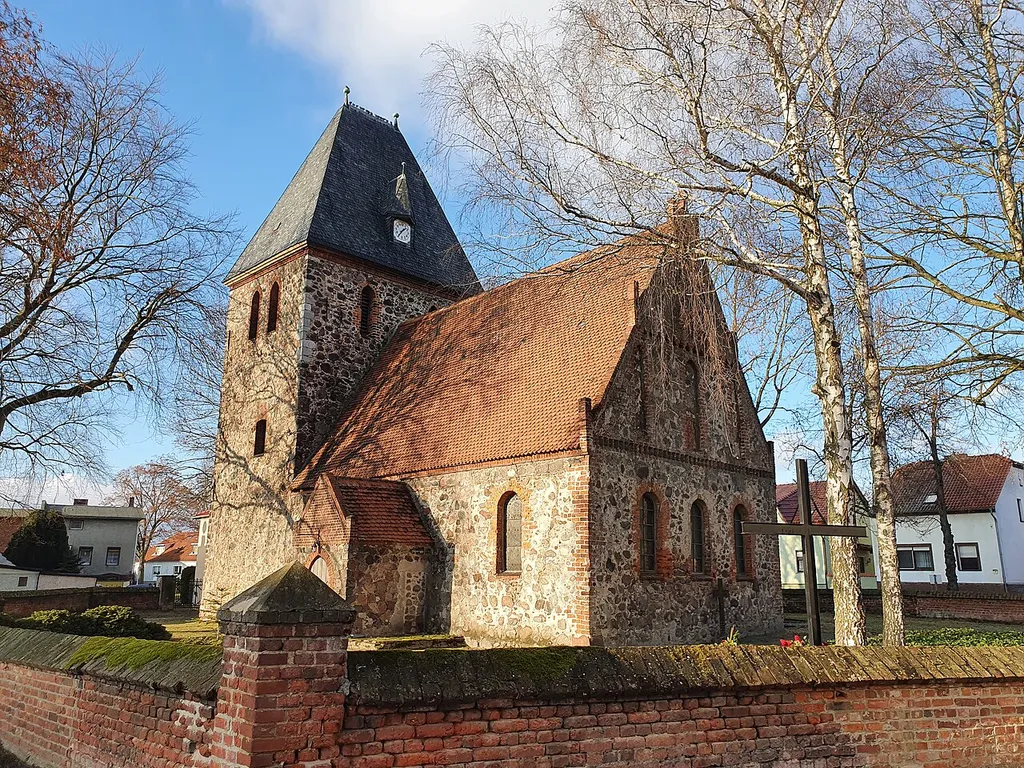 South-eastern view of the church in Seefeld, Werneuchen municipality, Barnim district, Brandenburg state, Germany.