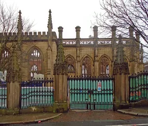 Gates, railings etc at St Luke's church, Berry Street, Liverpool